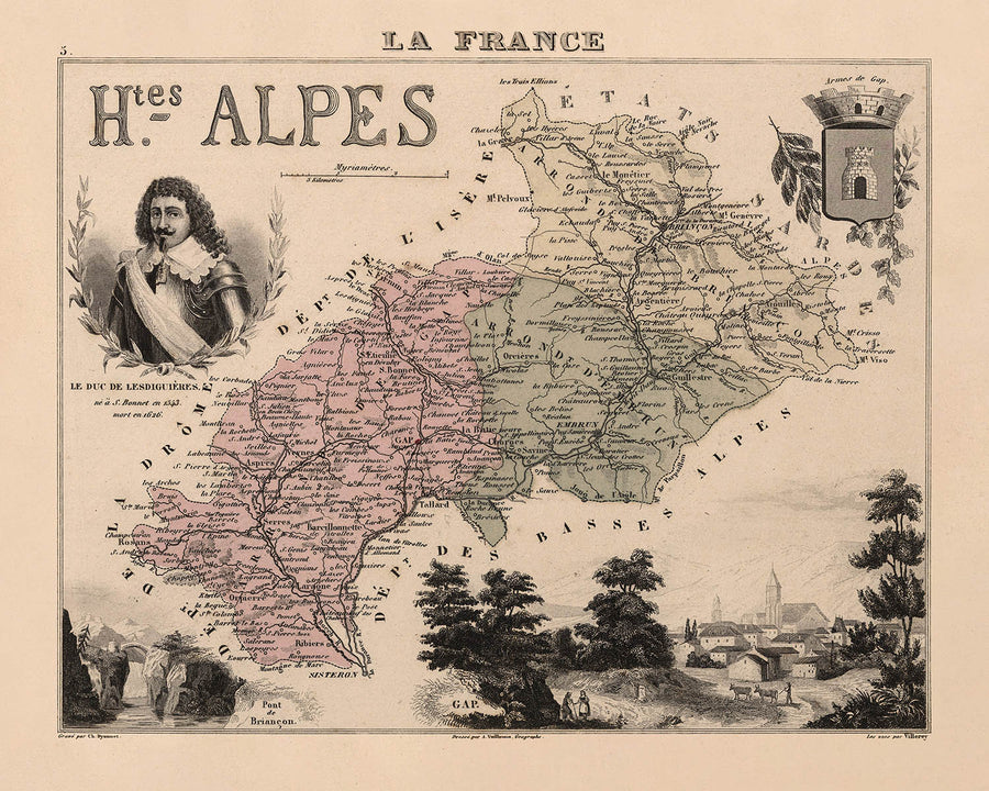 Antica mappa delle Hautes-Alpes di Vuillemin, 1869: Gap, Briançon, Embrun, cime alpine, stemmi 