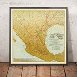 Ancienne carte des chemins de fer du Mexique, 1903 : Mexico, Monterrey, Golfe du Mexique 