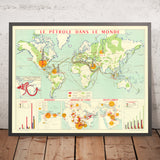 Antiguo mapa mundial francés de la industria petrolera global, 1958: impacto de la crisis de Suez, yacimientos petrolíferos, cartografía de mediados de siglo 
