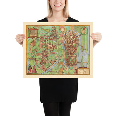 Old Map of Autun & Nevers by Braun & Hogenberg, 1581: City Walls, Cathedrals, Ducal Palace, Loire & Arroux Rivers, Bridges