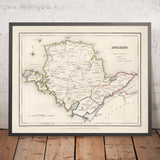 Ancienne carte d’Anglesey, Pays de Galles par Lewis, 1844 : Holyhead, Llangefni, Amlwch, Menai Bridge, Beaumaris 