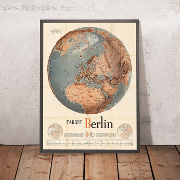 Ancienne carte mondiale de la Seconde Guerre mondiale par Manning, 1943 : "Cible Berlin" Tableau des distances des bombardiers 