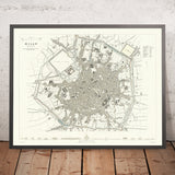 Old Map of Milan, 1832: Duomo, Sforza Castle, Piazza d'Armi, Royal Palace, Lazzaretto