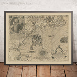 Erste Karte von Neuengland von John Smith, 1616: Boston, Plymouth, Cape Ann, prächtiges barockes Design 
