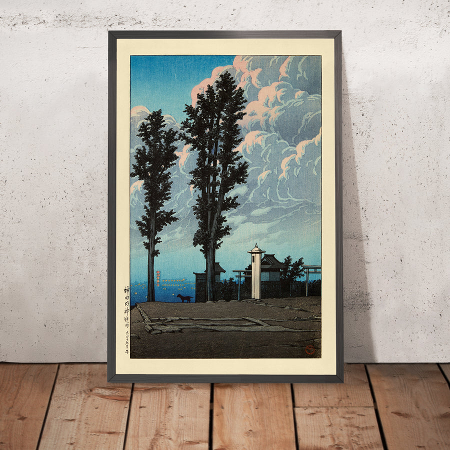 A framed image of Kanda Myojin Shrine by Hasui Kawase 1935