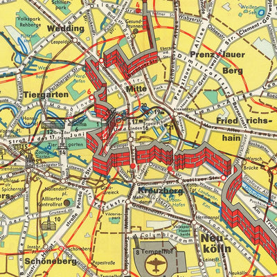 Mapa antiguo de Berlín, 1963: Muro de Berlín, Puerta de Brandenburgo, Tiergarten, Kreuzberg, Kurfürstendamm