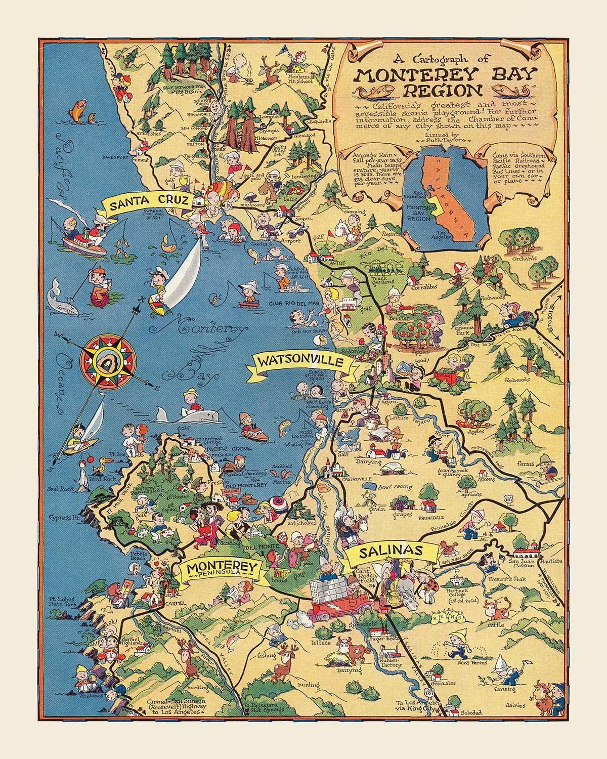 Old Map of Monterey Bay Region by White, 1932: Santa Cruz, Salinas, Pacific Grove, Lettuce, Southern Pacific Railroad