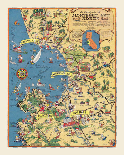 Old Map of Monterey Bay Region by White, 1932: Santa Cruz, Salinas, Pacific Grove, Lettuce, Southern Pacific Railroad