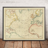 Antike Seekarte des Atlantischen Ozeans von Sayer, 1775: Mercator, Golfstrom, Dreieckshandel 