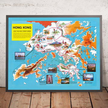 Antiguo mapa pictórico de Hong Kong, China, 1965: Victoria Harbour, Hong Kong Island, Kowloon, New Territories, Lantau Island 