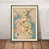 Pictorial Map of Delaware by Ruth Taylor White, 1935: Wilmington, Dover, Delaware Bay, Beaches, First State