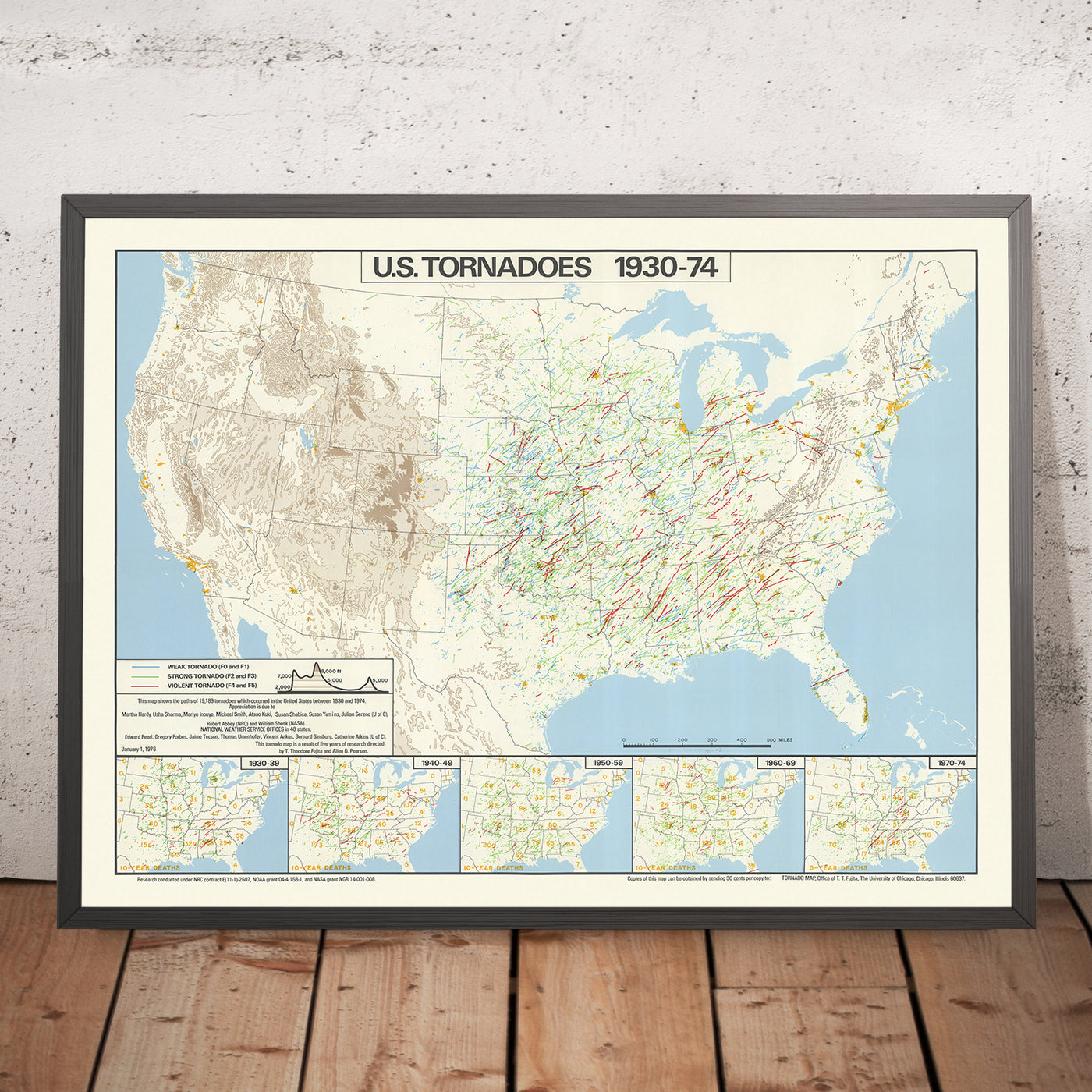 Old Map of US Tornado Activity 1930-1974 by Fujita & Pearson: Paths, Death Statistics, Tornado Alley