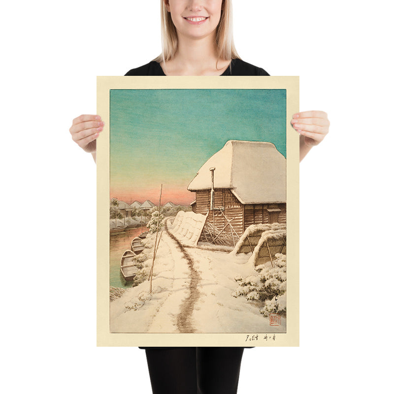 Atardecer en el cielo de la tarde después de la nieve en Morigasaki de Hasui Kawase 1935 