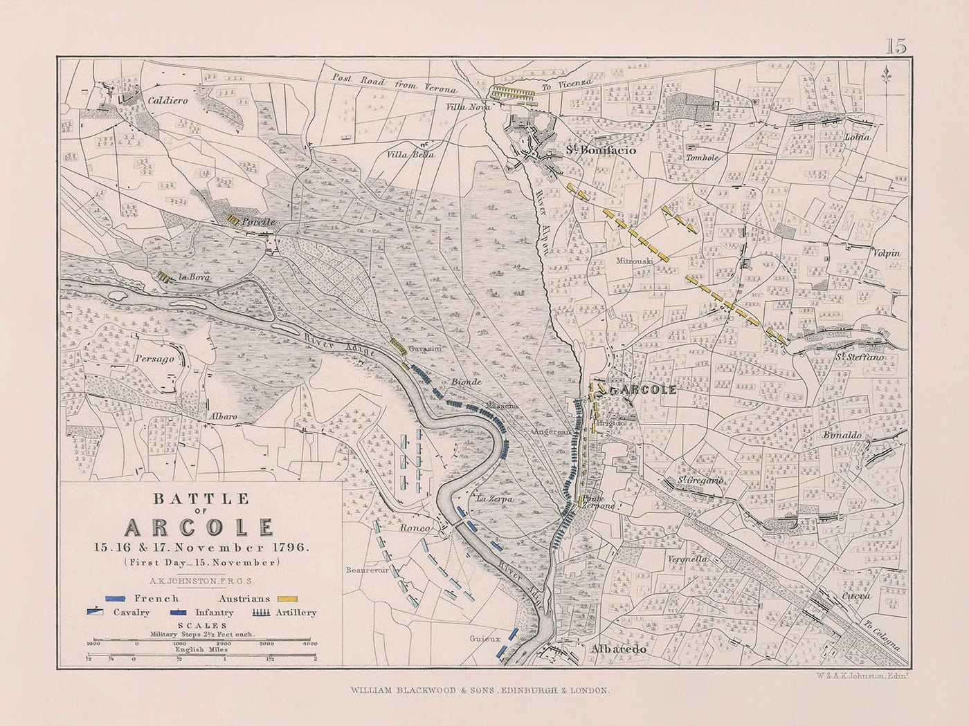 Bataille d'Arcole 15 16 et 17 novembre 1796 Premier jour par AK Johnston 1796