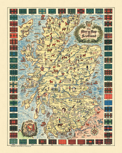 Alte Bildkarte von Schottland, 1935: Edinburgh, Glasgow, Burgen, Tartans, historische Persönlichkeiten