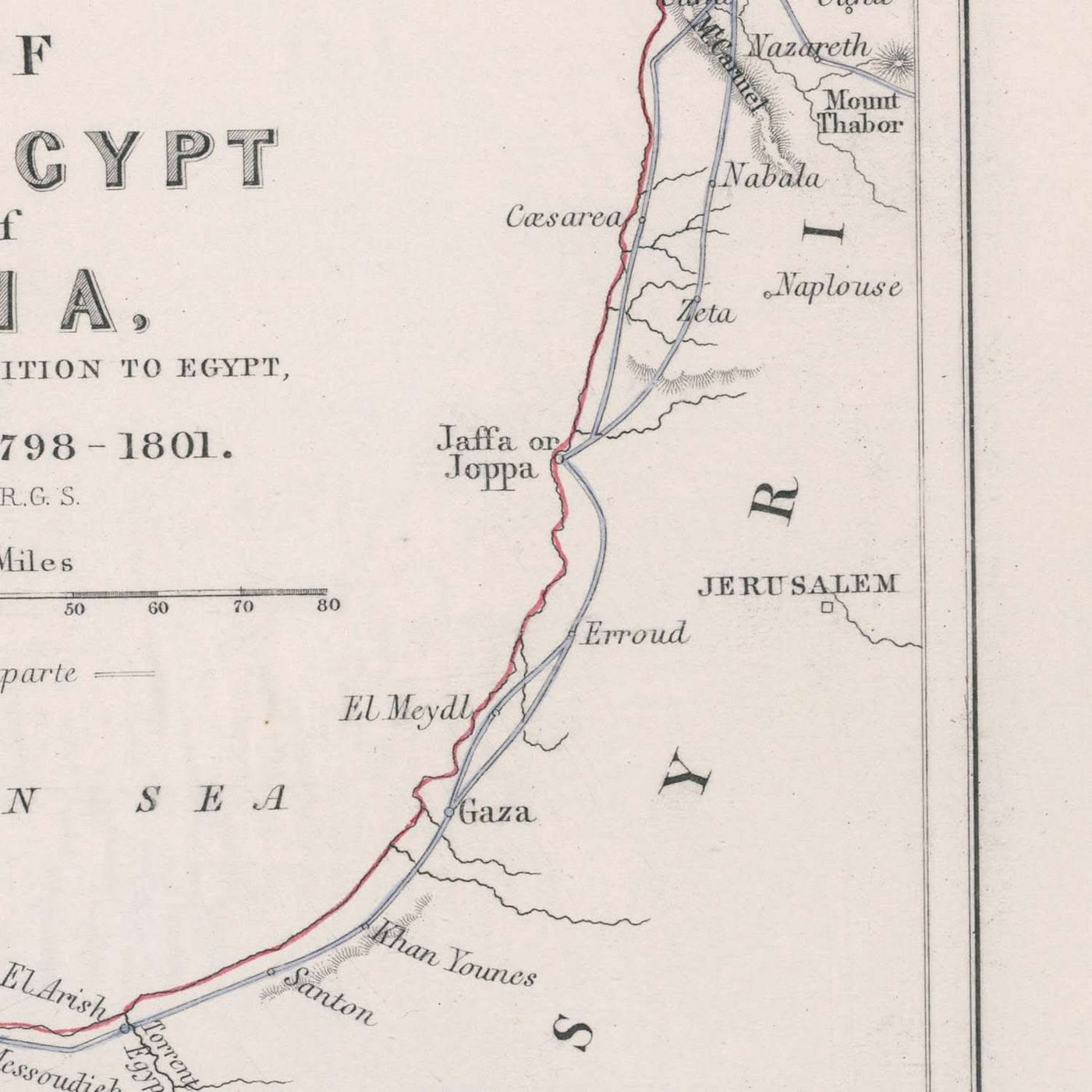 Alte Militärkarte von Napoleons Schlachten in Ägypten und Syrien, 1801: Abukir, Pyramiden, Kairo, Suez, Nil