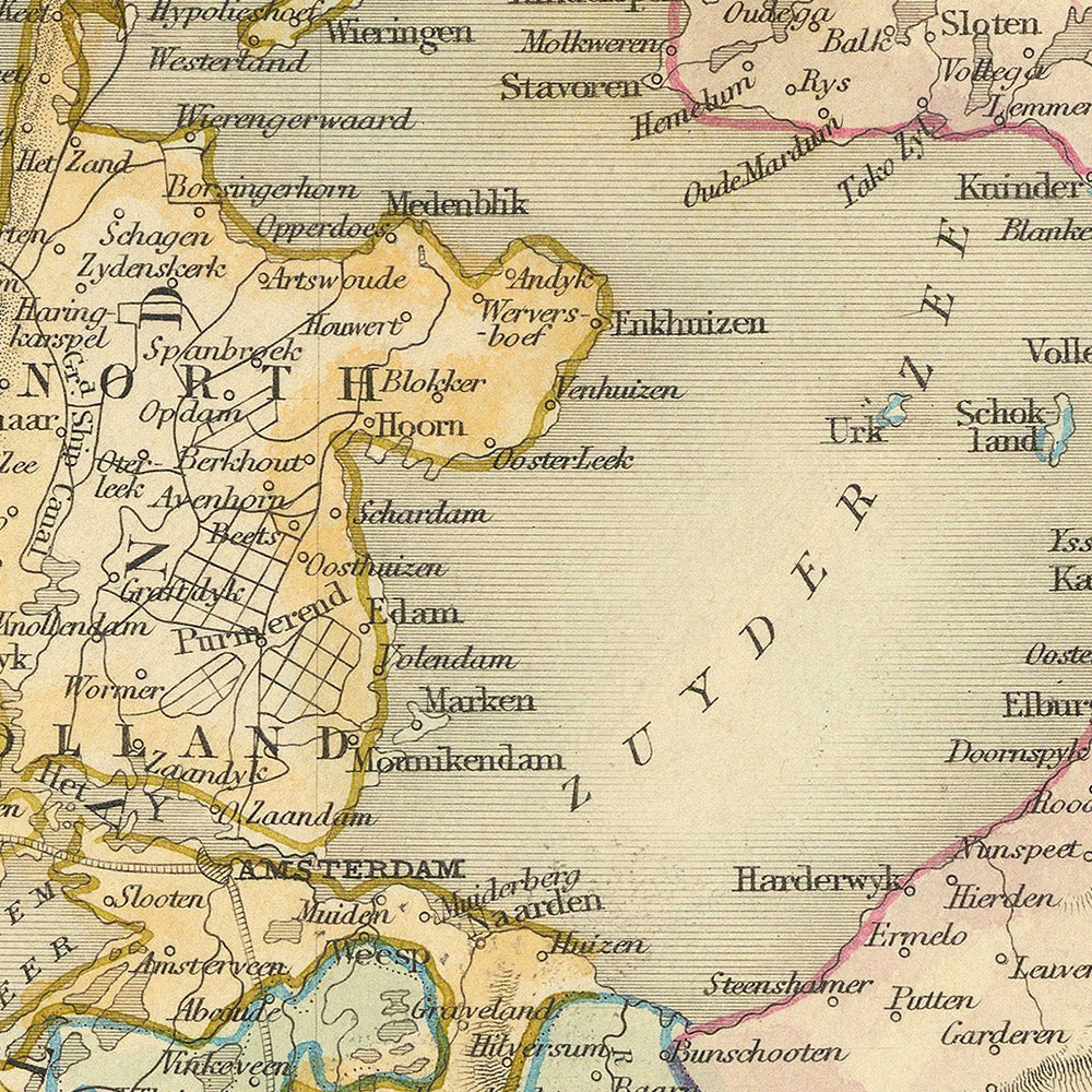 Old Map of the Netherlands by Tallis, 1851: Amsterdam, Rotterdam, Rhine, Zuider Zee, Vignettes