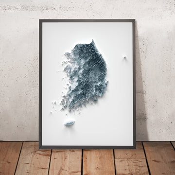 Una imagen enmarcada de un mapa topográfico en relieve estilo 3D de Corea del Sur