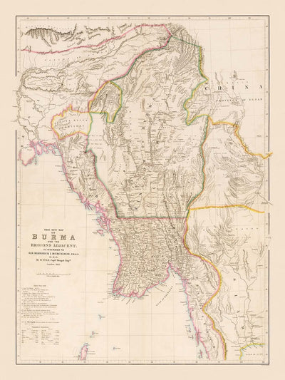 Mapa antiguo de Myanmar de Arrowsmith, 1857: Irrawaddy, Salween, Yangon, Mandalay y montañas Arakan