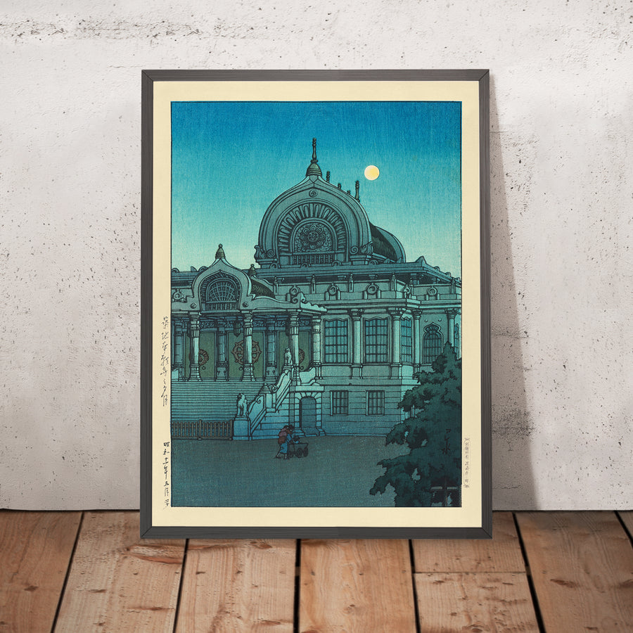 A framed image of Evening Moon at Honganji Temple in Tsukiji by Hasui Kawase 1935