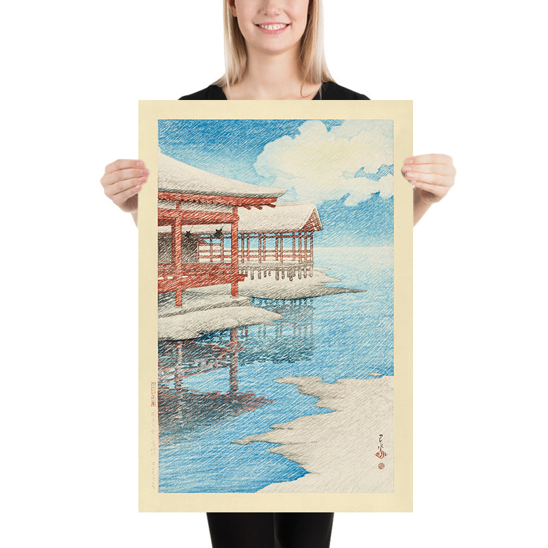 Un hermoso cielo invernal y nieve en Miyajima de Hasui Kawase, 1935 