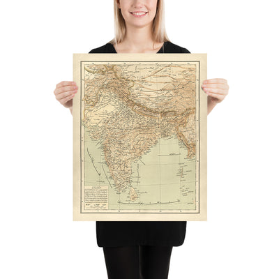 Old Arabic Map of India by Hafiz Ali Esref, 1894: Mumbai, Delhi, Kolkata, Himalayas, Ganges, Railroads