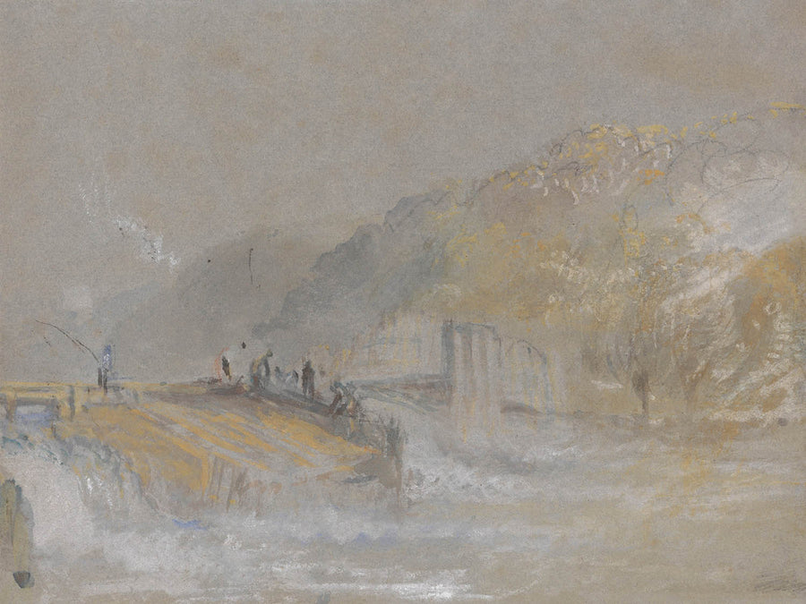 Foul di Dio: Paesaggio fluviale con pescatori che pescano da una diga di Turner, 1830 