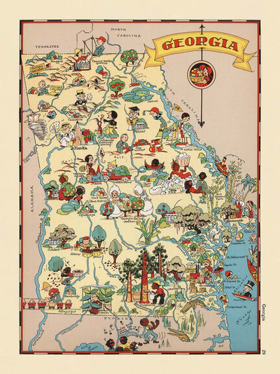 Pictorial Map of Georgia by Ruth Taylor White, 1935: Atlanta, Savannah, Augusta, Macon, Riverboats