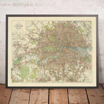 Ancienne carte de rue édouardienne de Londres par Bacon, 1910 : Thames, Westminster, Hyde Park, Regent&