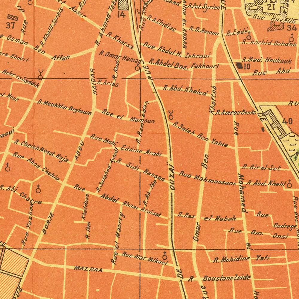 Alter Stadtplan von Beirut, 1949: Hotel Normandy, Hippodrom, Kiefernwald, Hafen von Beirut, Eisenbahnlinien