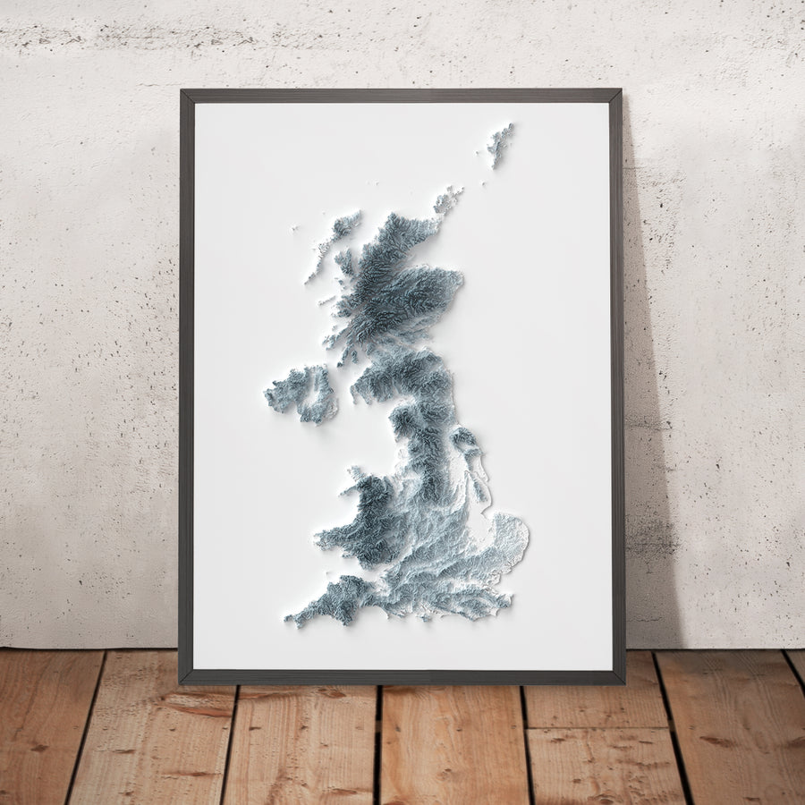 A framed image of a 3D style topographic relief map ofGreat Britain (England, Wales, Scotland)