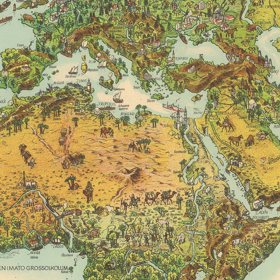 Mappa del mondo tedesca in stile fantasy post-Seconda Guerra Mondiale di Wommelsdorff, 1950 