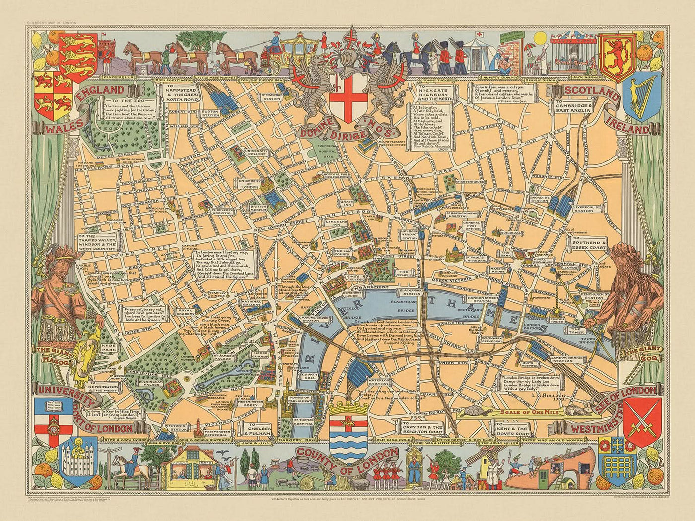 Antiguo mapa ilustrado de Londres por Bullock, 1938: Torre de Londres, San Pablo, Westminster, Hyde Park, Támesis.