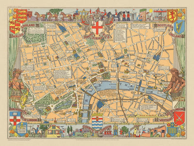 Old Historical Map of London by Bullock, 1938: Tower of London, St. Paul's, Westminster, Hyde Park, Thames