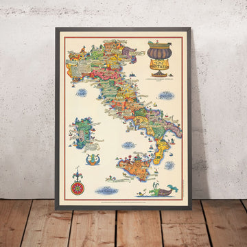 Old Pictorial Wine Map of Italy, 1976: Wine Regions, Mythical Illustrations, Viticulture