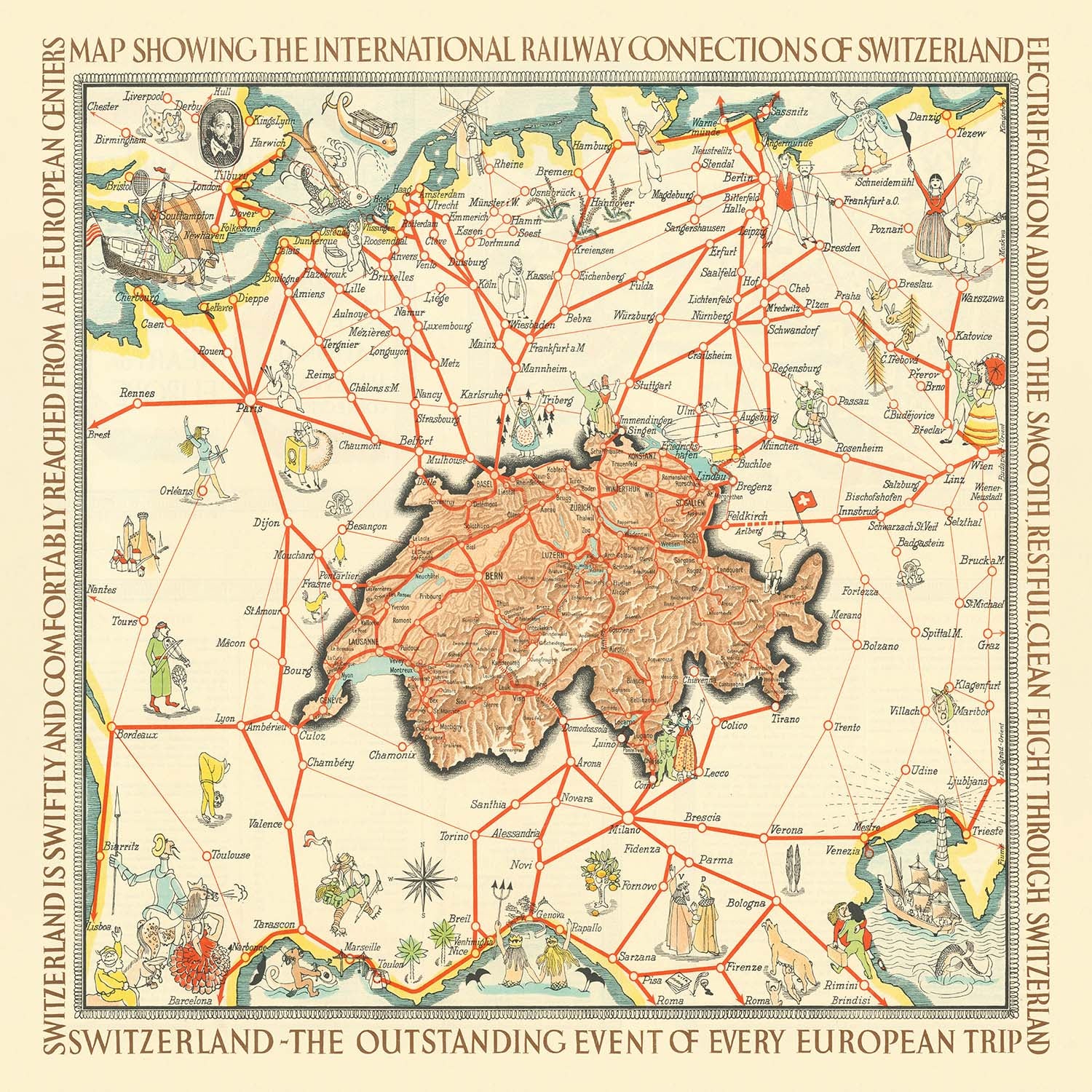 Old Pictorial Map of Switzerland by Gauchet, 1931: Railway connections ...