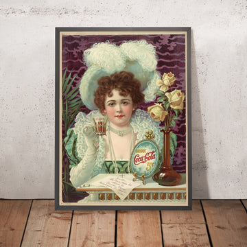 A framed image of Coca-Cola 5 Cents Vintage Soft Drink Poster, 1890s