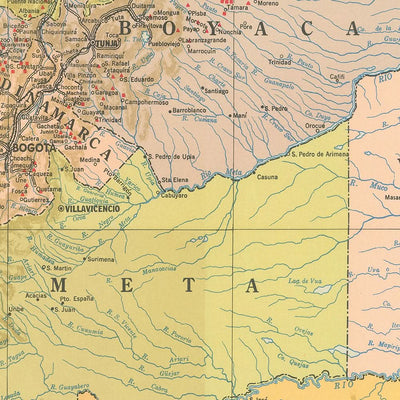 Mapa antiguo de Colombia, 1939: regiones cafeteras, Andes, Bogotá, Medellín, ferrocarriles