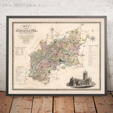 Antica mappa del Gloucestershire di Greenwood, 1831: Gloucester, Cheltenham, fiume Severn, Cotswolds, Foresta di Dean 