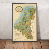 Alte bildliche Touristenkarte von Benelux, 1950: Optimismus nach dem Zweiten Weltkrieg, Brüssel, Amsterdam, Rhein, Windmühlen 