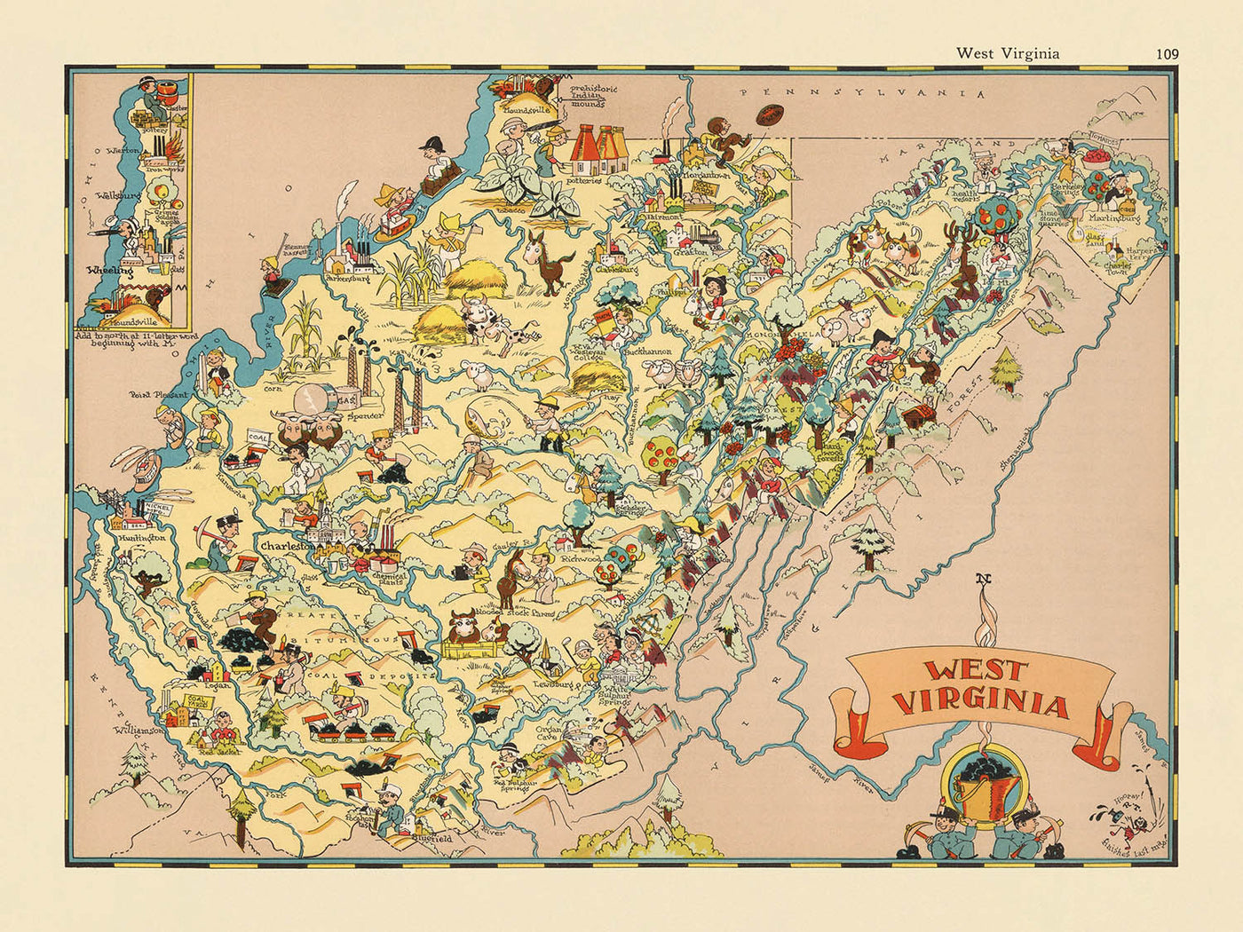 Pictorial Map of West Virginia by Ruth Taylor White, 1935: Charleston, Huntington, Coal Mining, Counties, Appalachia