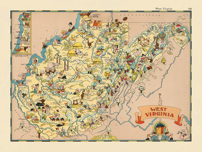 Pictorial Map of West Virginia by Ruth Taylor White, 1935: Charleston, Huntington, Coal Mining, Counties, Appalachia