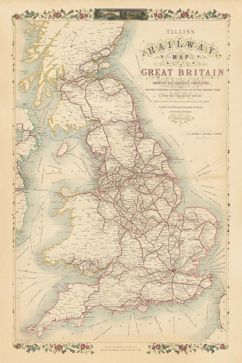 Old Railway Map of Great Britain by Tallis, 1850: London, Liverpool, Manchester, Steamboat Routes, Ornate Borders