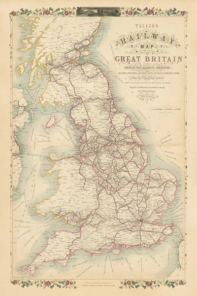 Old Railway Map of Great Britain by Tallis, 1850: London, Liverpool, Manchester, Steamboat Routes, Ornate Borders