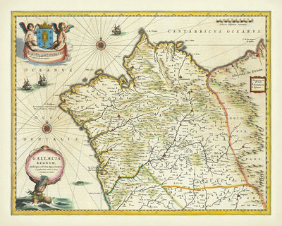 Old Map of Galicia, Spain by Blaeu, 1640: Santiago, Corunna, Vigo, Neptune, Sea Monster