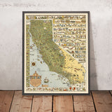 Vecchia mappa pittorica della California di Mora, 1927: LA, SF, Yosemite, Sierra Nevada, Corsa all'oro 