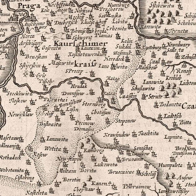 Carte ancienne de la République tchèque par Speed, 1626 : Prague, rivières, montagnes, frontières, illustrations