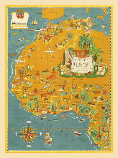 Mapa antiguo ilustrado de las colonias francesas en África, realizado por Boucher en 1945: Casablanca, Argel, Dakar, Sahara, Rosa de los Vientos