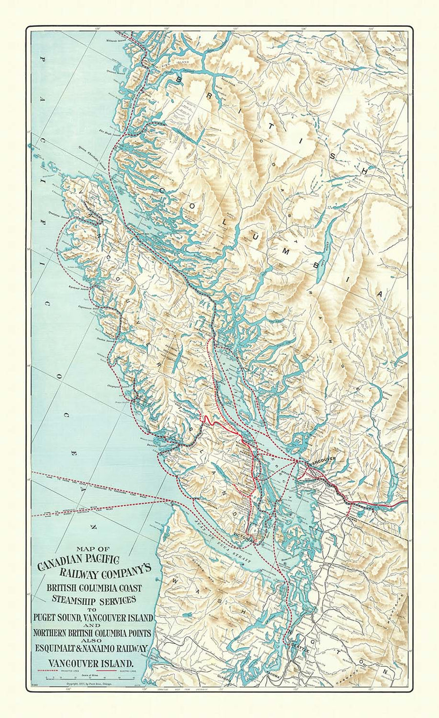 Mappa antica della Columbia Britannica dei Fratelli Poole, 1911: Vancouver, Victoria, Ferrovie, Rotte di Navi a Vapore, Isola di Vancouver 