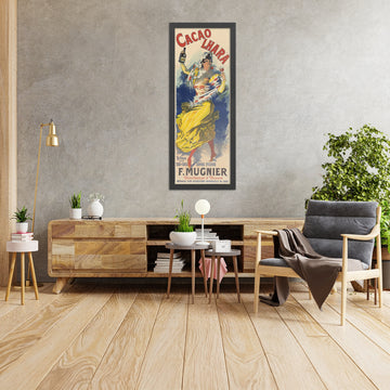 A framed image of Cacao Lhara Vintage Cocoa Poster by Jules Chéret, 1889